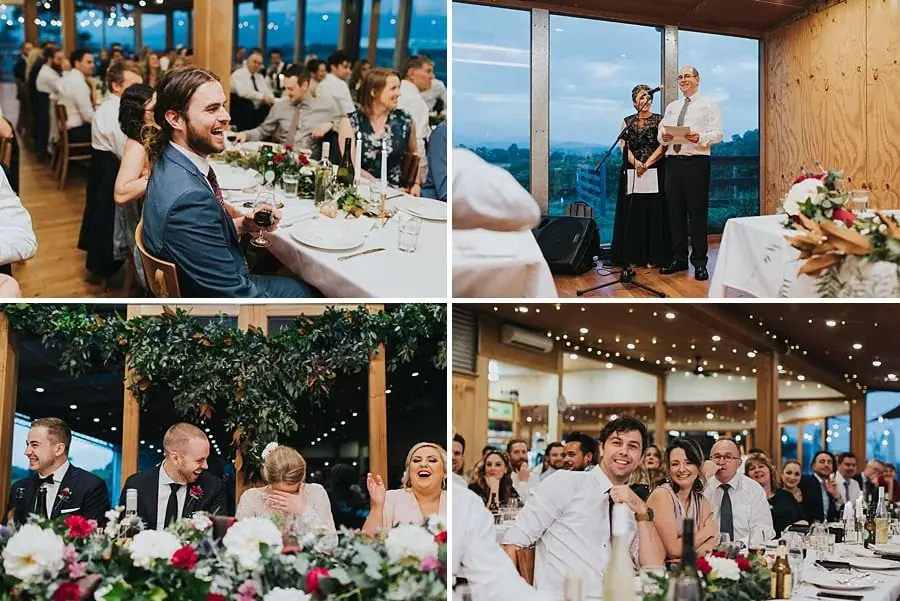Four photographs of reception speeches and guests reacting at their tables.