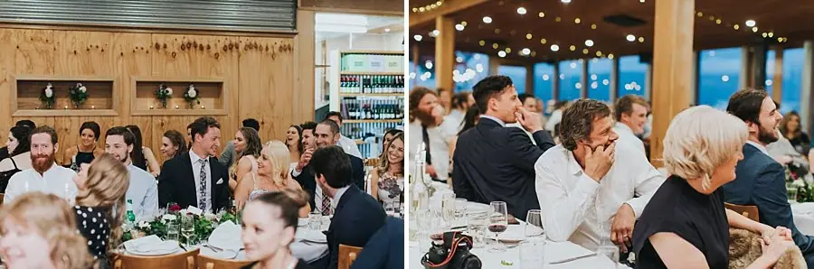 Two photographs of guests smiling and listening to reception speeches.