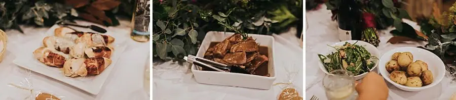 Three photographs of platters of cooked reception food and side dishes.