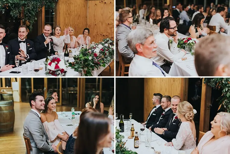 Four photographs of reception guests smiling and the wedding party listening to speeches.