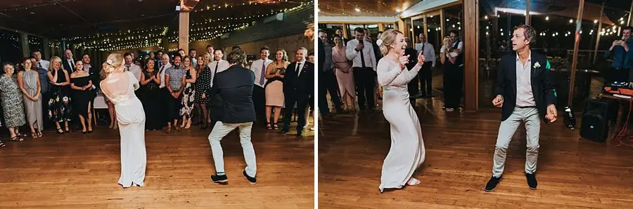 Two photographs of the bride and a man dancing together in front of guests.
