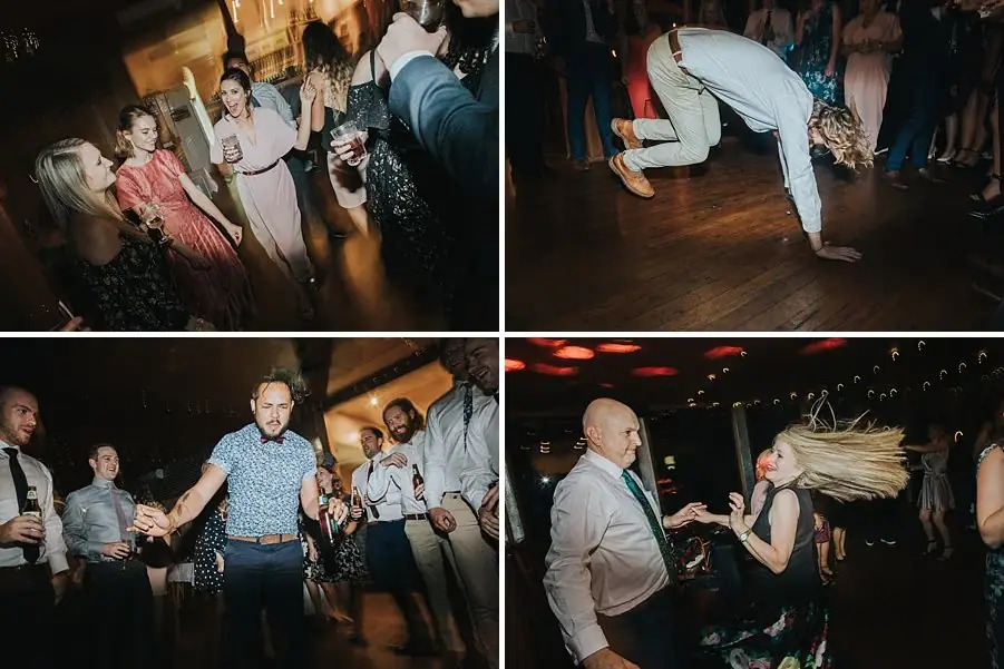 Four photographs of guests dancing, including a man balancing on one hand.