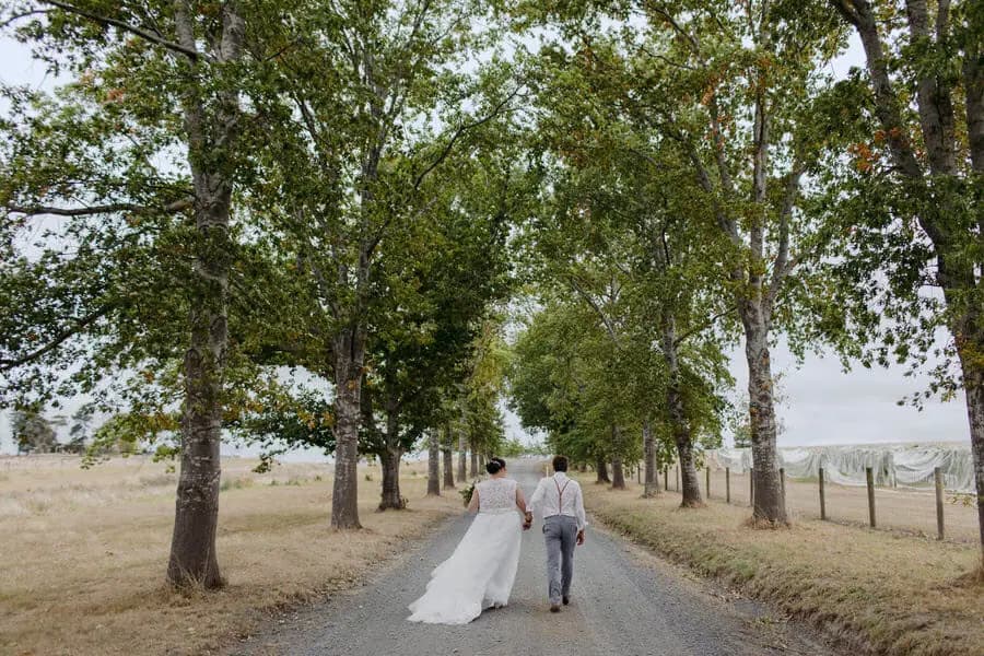 Couple walking away along a road lined with tall trees.