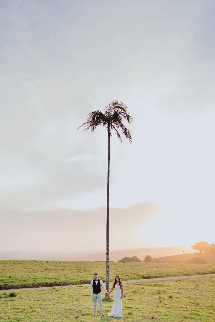 Couple standing beneath a tall lone palm tree at sunset.
