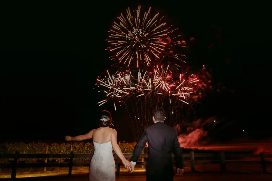 Couple holding hands while watching fireworks at night.