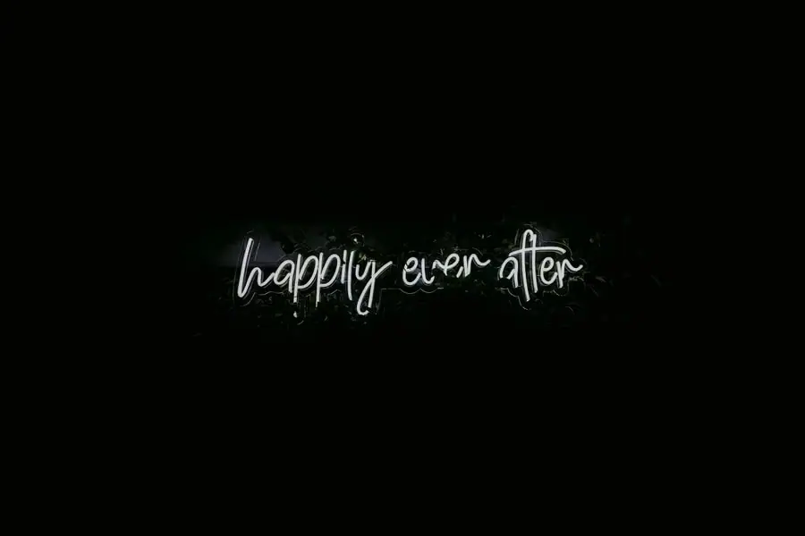 Illuminated happily ever after sign glowing against the dark night