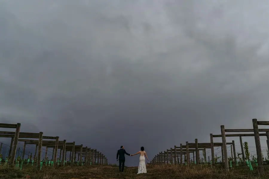 Distant couple holds hands between vineyard rows beneath dark storm clouds.