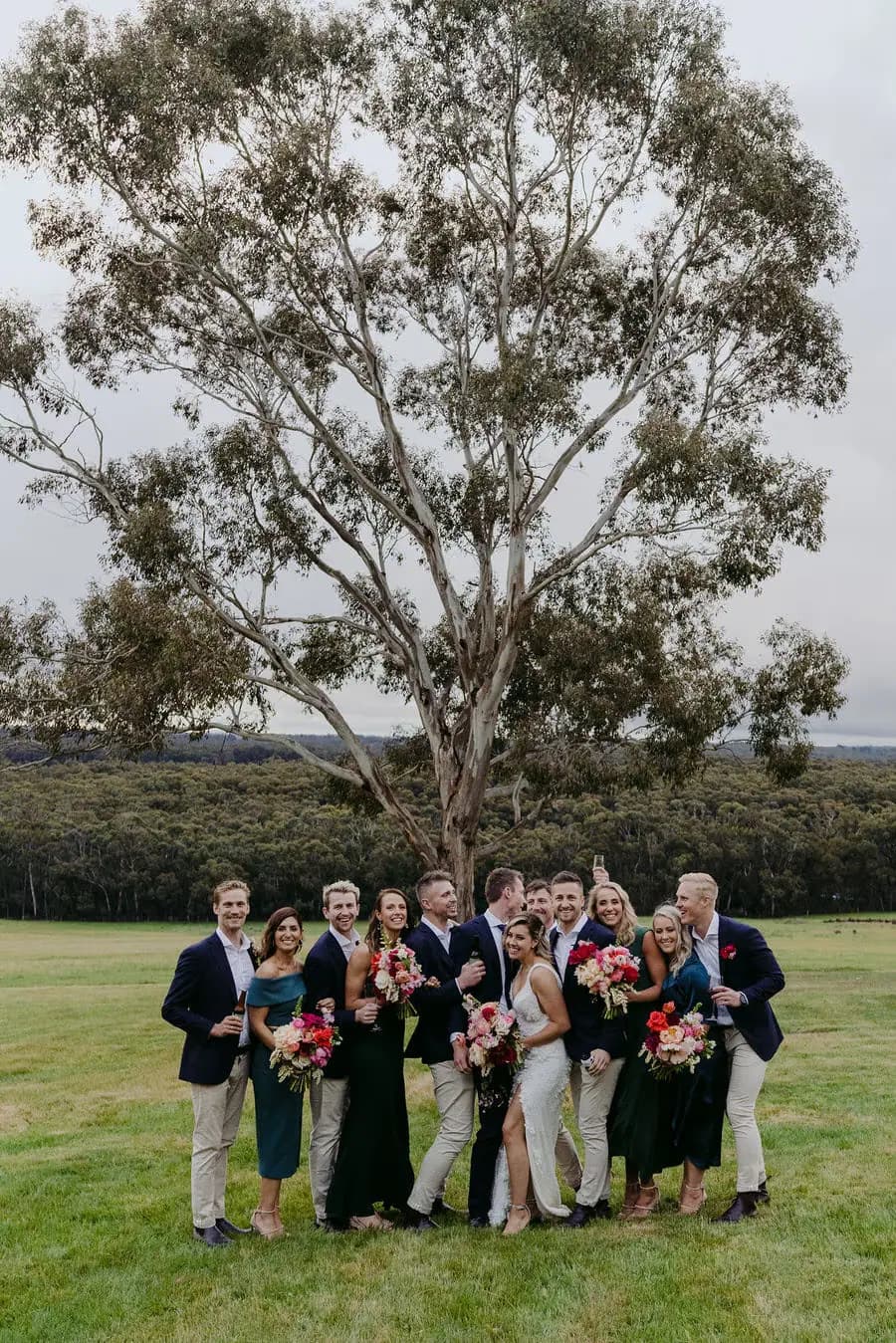Wedding party poses beneath a large tree in a field.