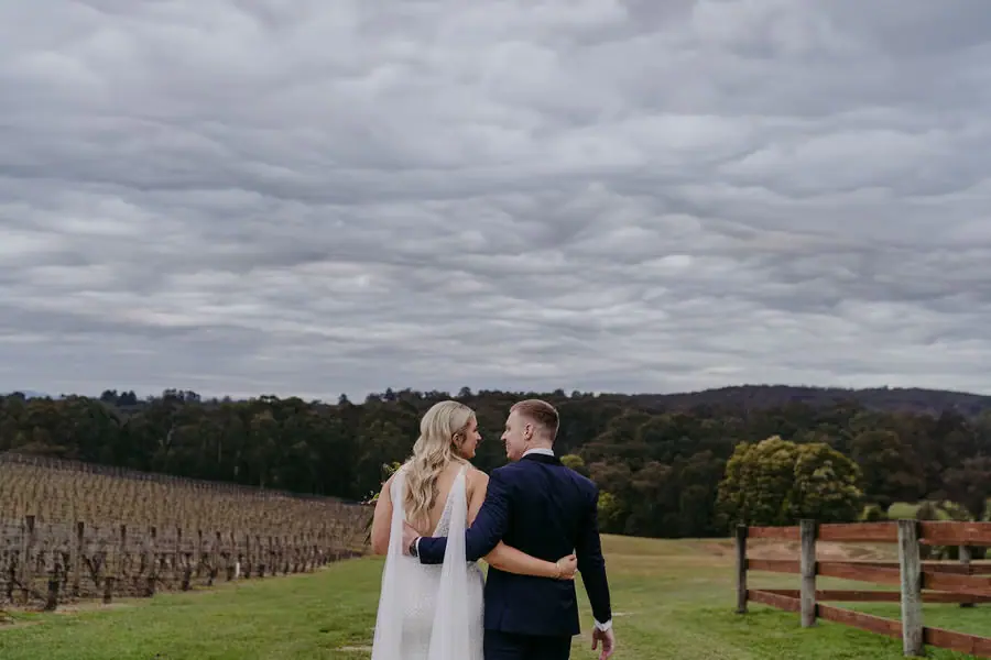 Rear view of the couple embracing beside vineyard rows beneath a textured cloudy sky.