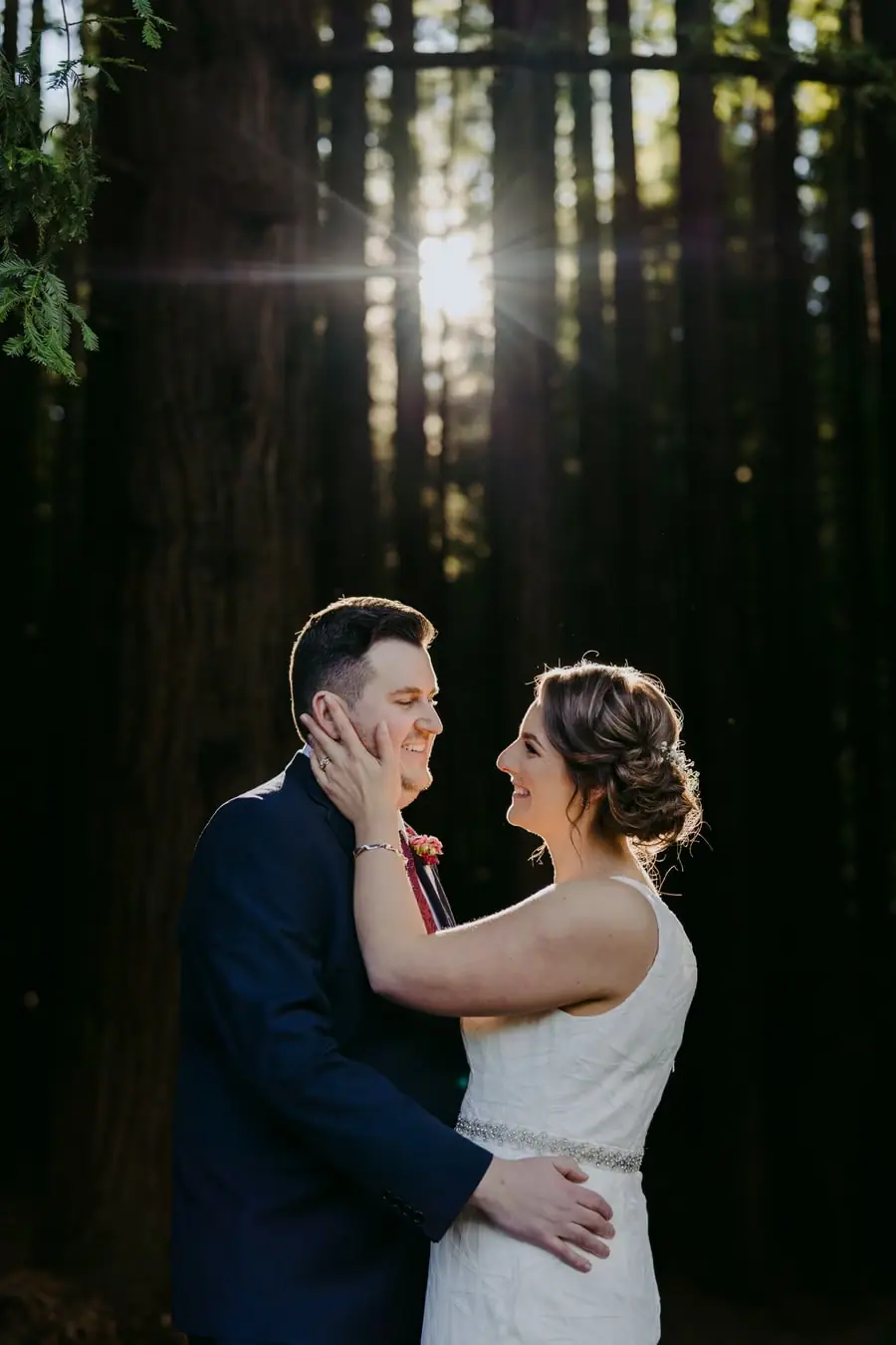 Couple embraces in a forest with sunlight shining between tall trunks.