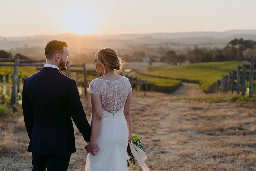 Rear view of the couple holding hands beside vineyard rows at sunset.