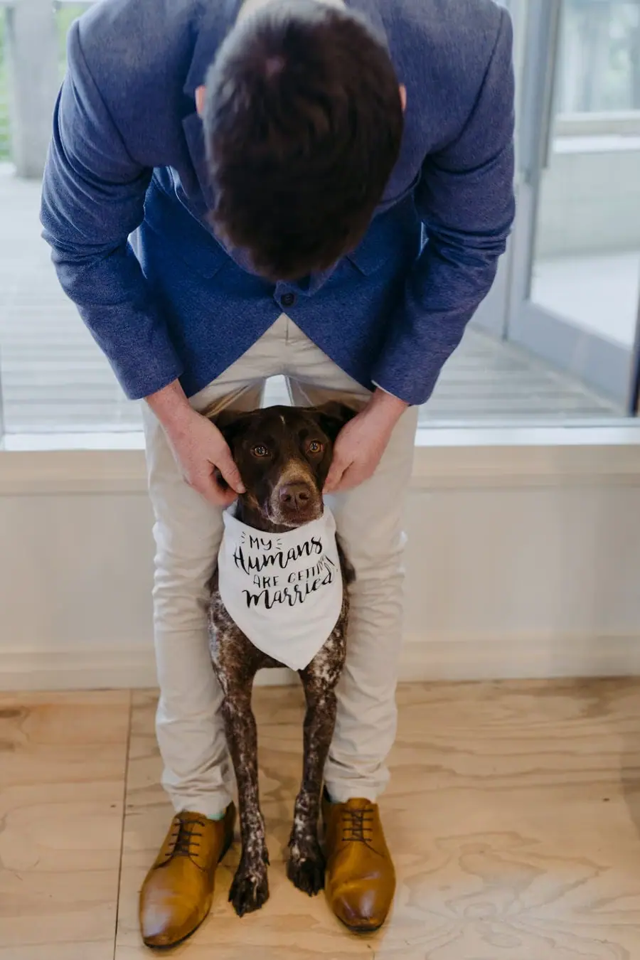 Man bends over a dog wearing a decorative wedding bandana indoors.