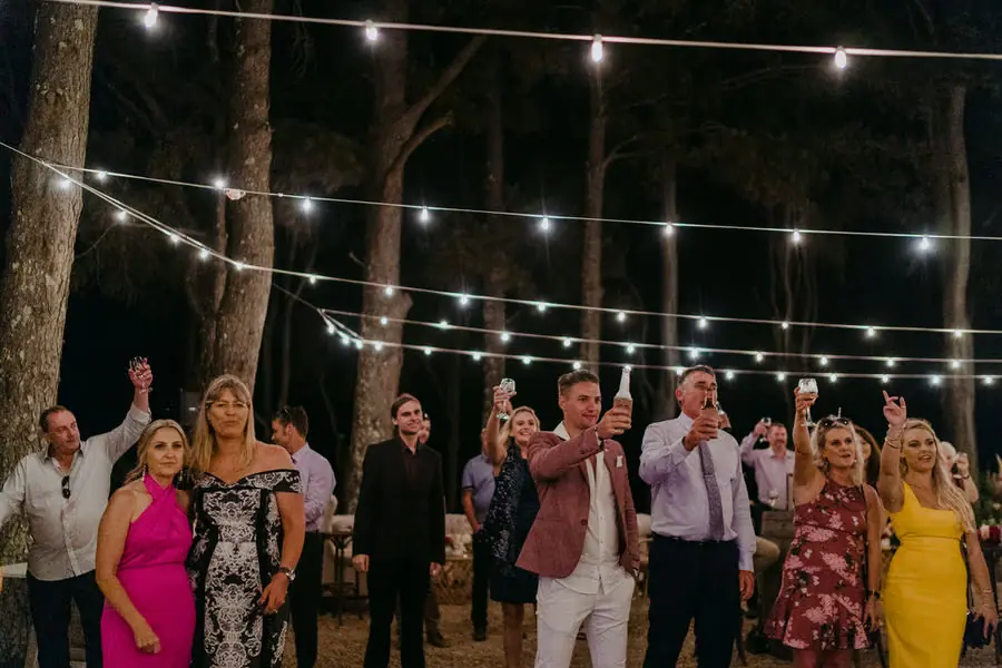 Wedding guests raising glasses beneath outdoor festoon lights