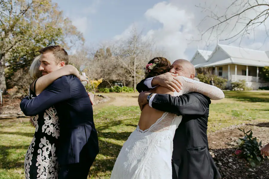 Two photographs of the couple embracing guests after the ceremony