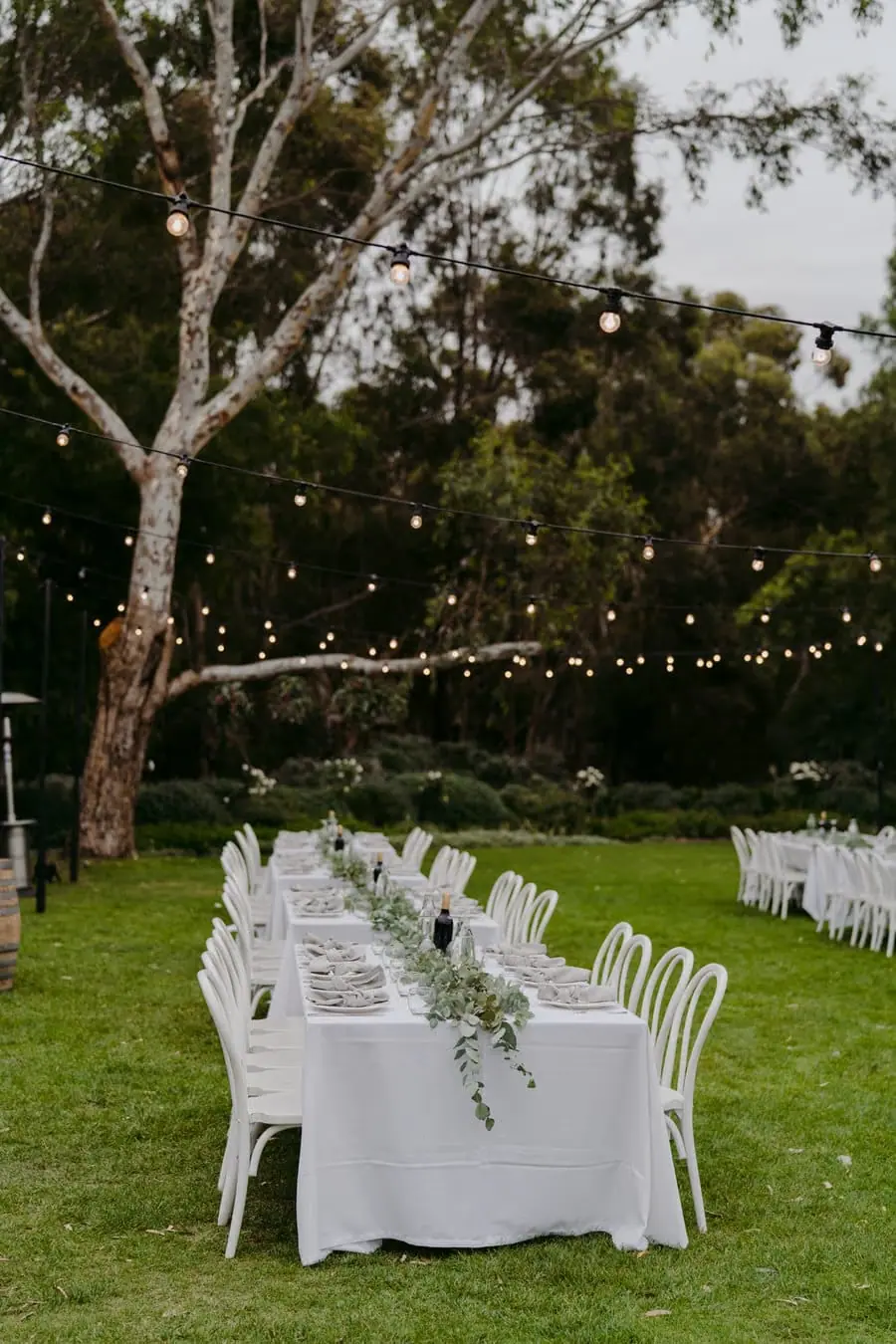 Long reception table beneath glowing festoon lights and tall trees
