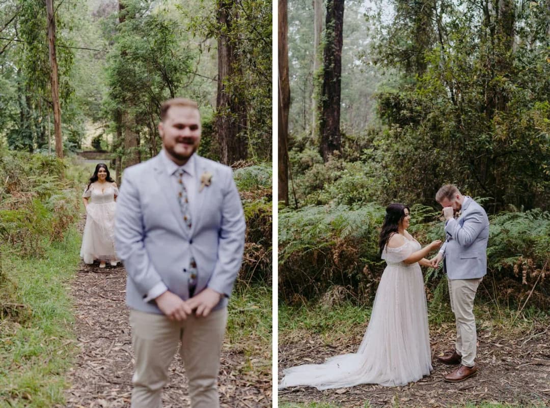 Two photographs of a groom waiting and seeing the approaching bride in a forest.
