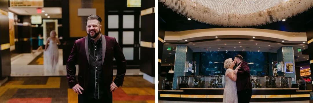 Two photographs of a groom waiting and embracing the bride inside a hotel lobby.