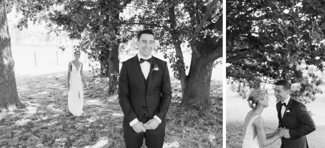 Two black-and-white photographs of a groom waiting as the bride approaches beneath a tree.
