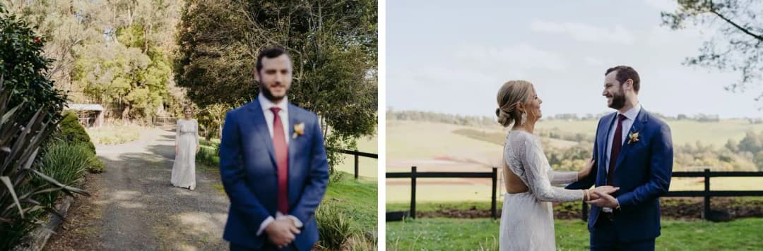 Two photographs of a groom waiting and holding hands with the bride outdoors.