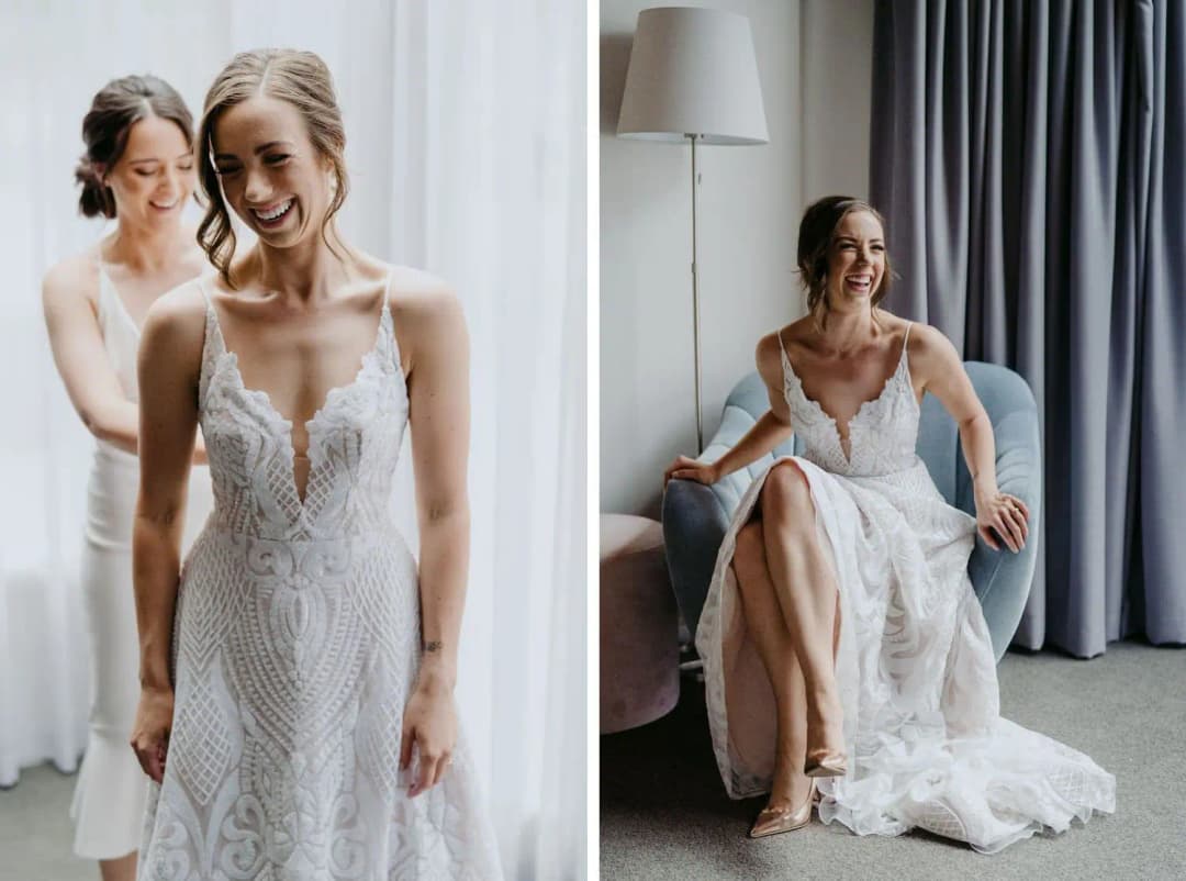 Two photographs of the bride getting dressed and sitting in a blue armchair