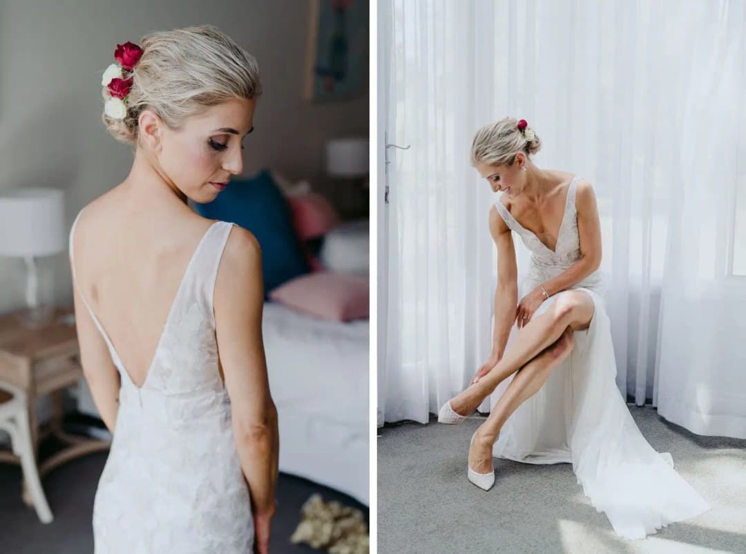 Two photographs of a bride with flowers in her hair and fastening her shoes