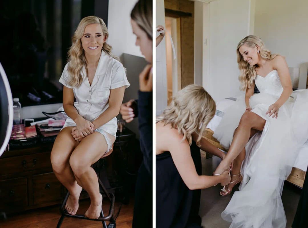 Two photographs of a bride getting ready and having her shoes fastened