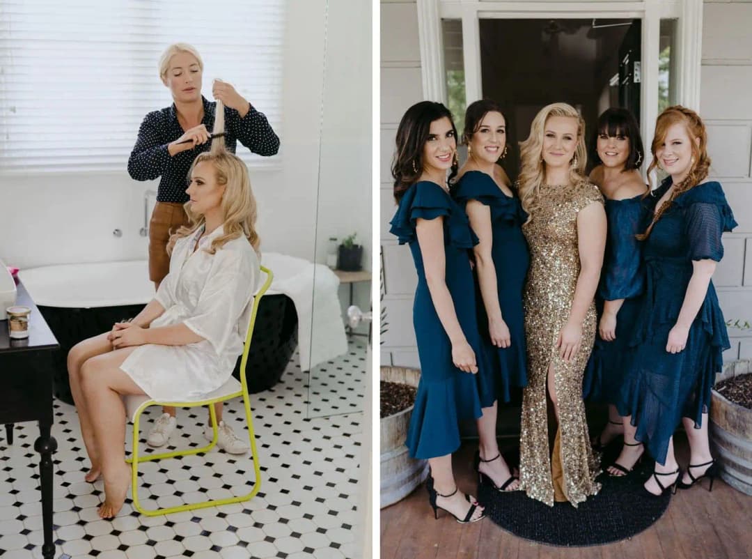 Two photographs of bridal hair styling and women posing in navy and gold dresses