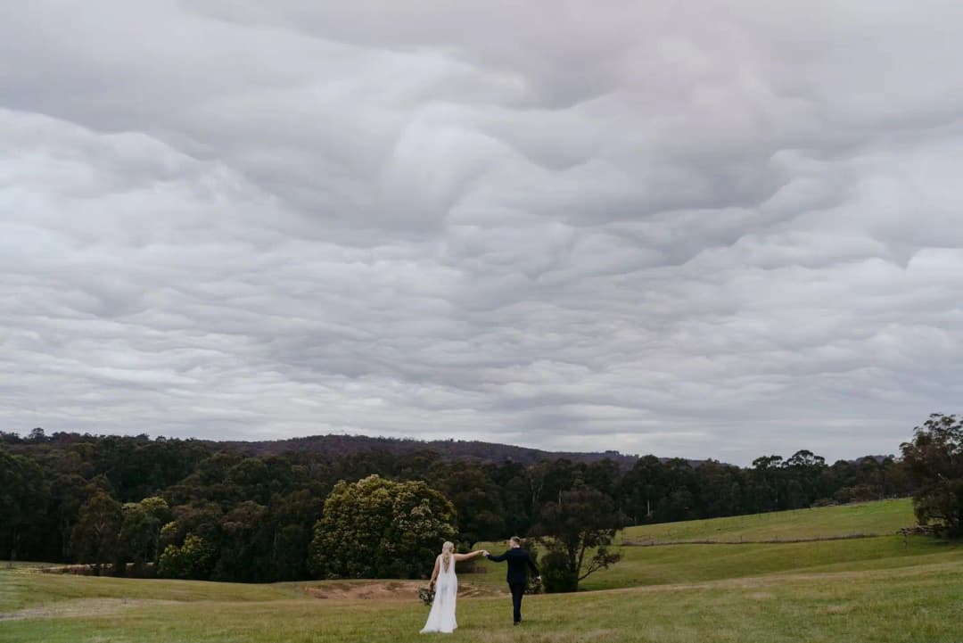 Wide portrait of a couple holding hands on a rolling lawn beneath heavy clouds.