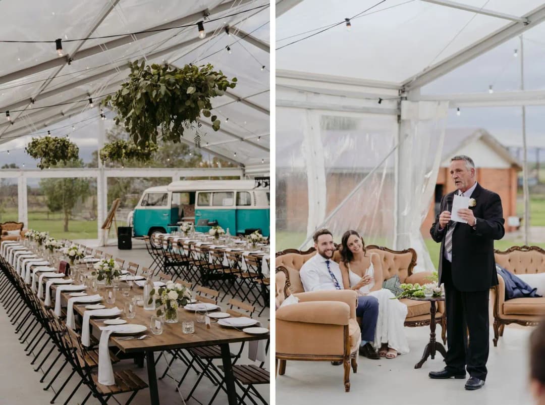 Two photographs of marquee reception tables and a man giving a microphone speech.