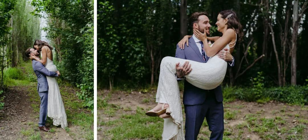 Two photographs of a groom lifting the bride among garden trees.