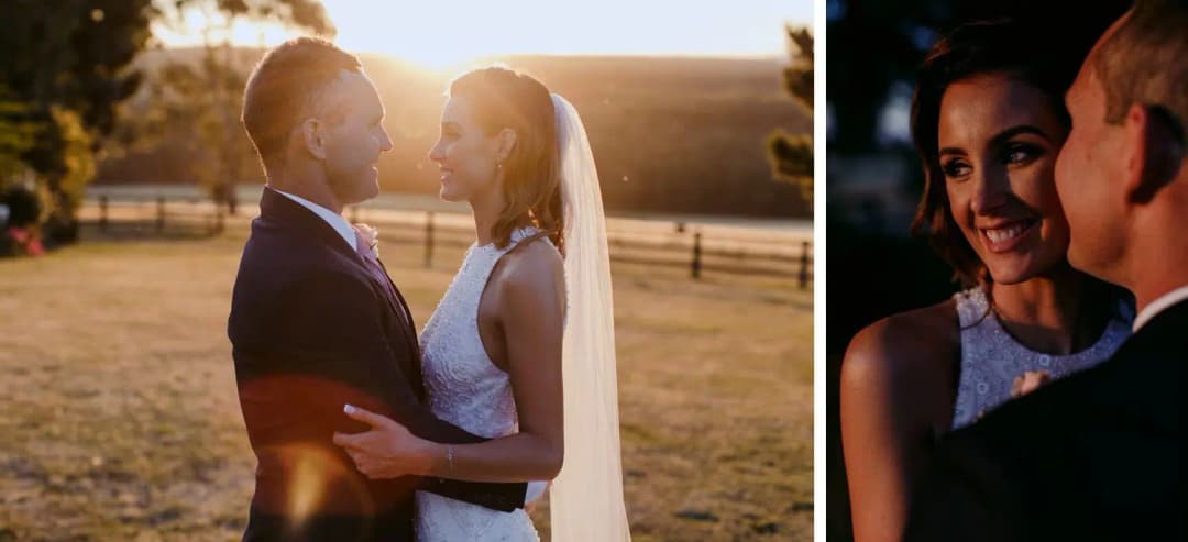 Two photographs of a couple embracing at sunset and the smiling bride in dim light.
