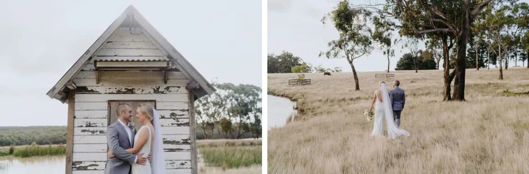 Two portraits of a couple beside a weathered shed and in a grassy field.
