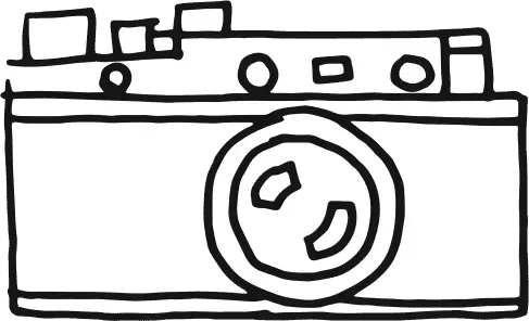 Black line illustration of a rectangular vintage camera.