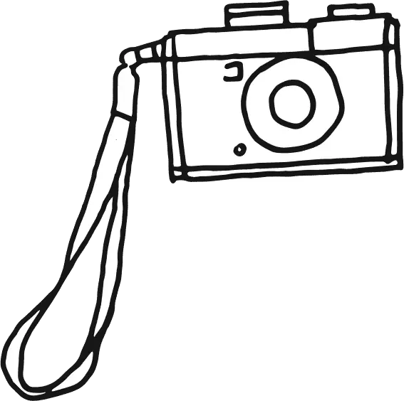 White line illustration of a camera with a hanging strap.