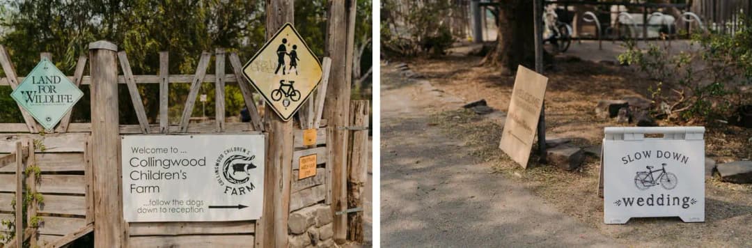 Two photographs of farm entrance signs and a wedding direction board