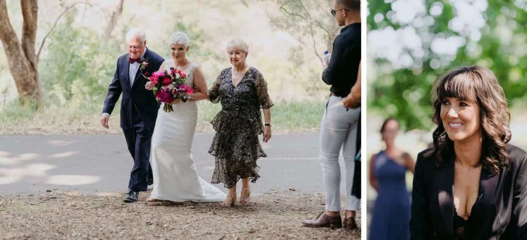 Two photographs of the bride arriving with older guests and her smiling partner