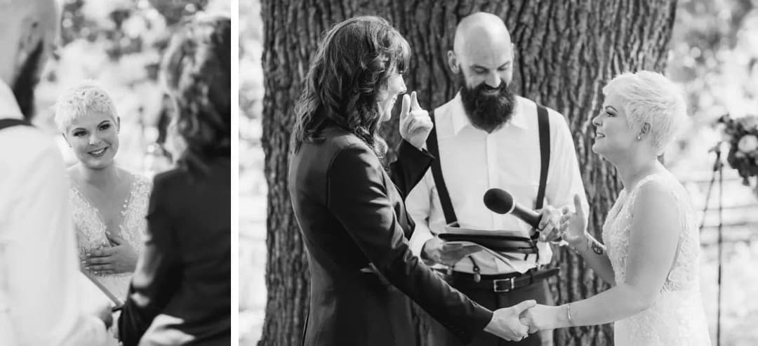 Two black-and-white photographs of the couple holding hands beside the celebrant