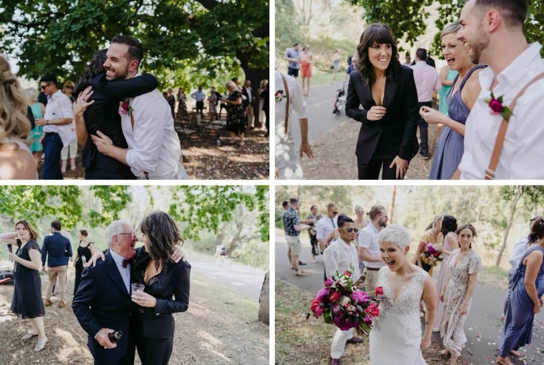 Four photographs of the couple receiving embraces and congratulations from guests