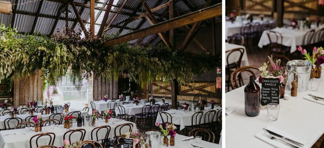 Two photographs of the barn reception room and floral table decorations