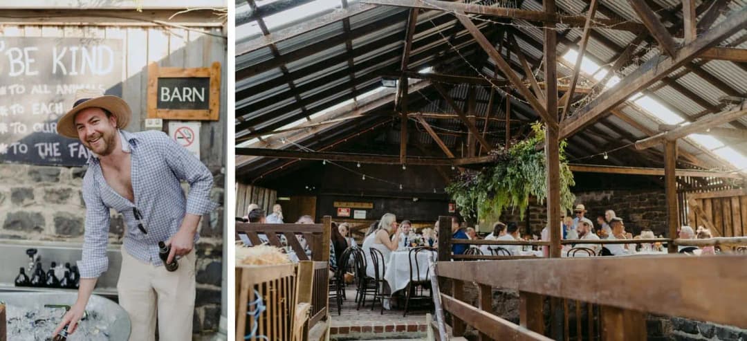 Two photographs of a guest near a barn sign and the reception interior
