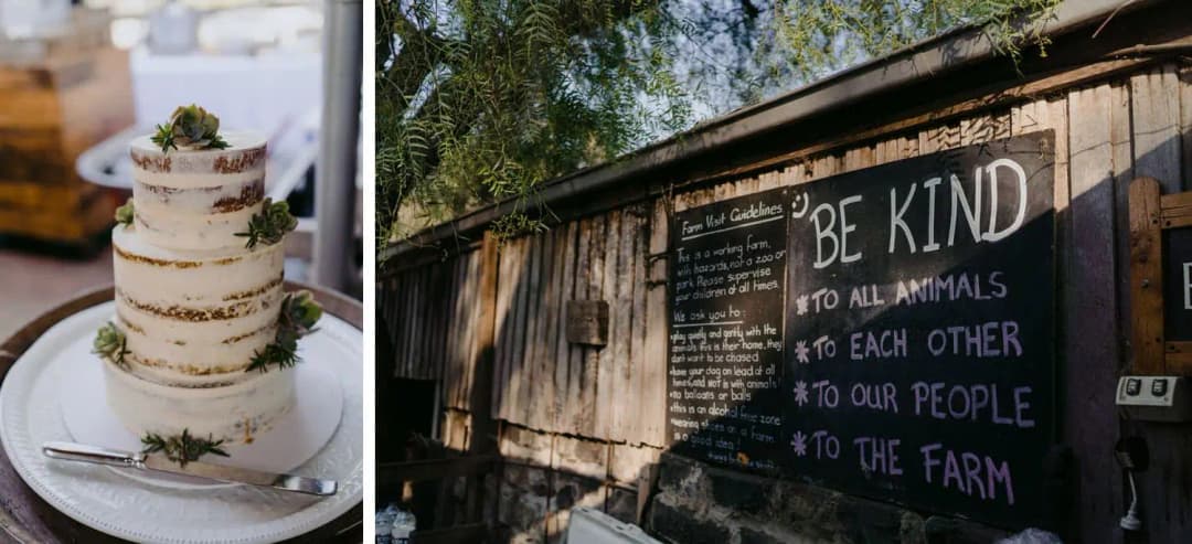 Two photographs of a tiered wedding cake and a kindness message on the barn wall