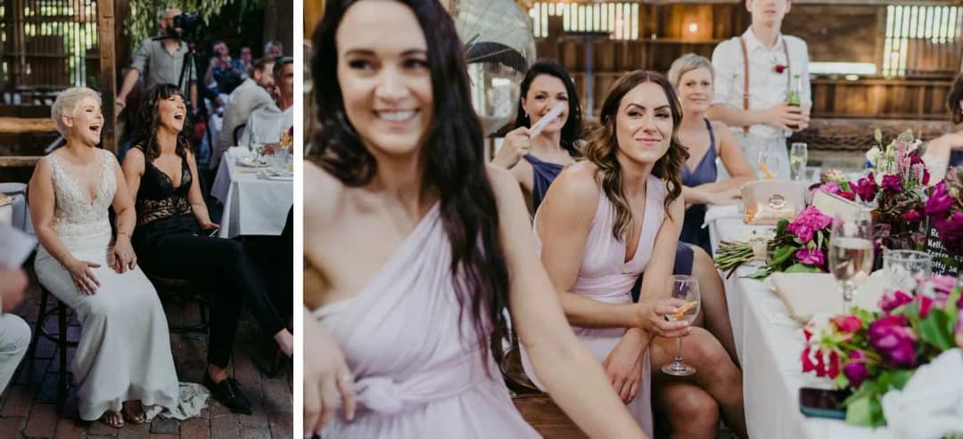 Two photographs of the bride and guests seated at a reception table