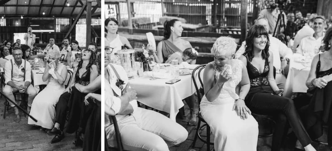 Two black-and-white photographs of the couple laughing at the reception table
