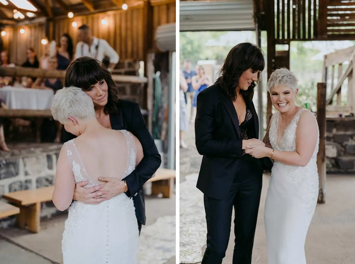 Two photographs of the couple holding each other during their first dance