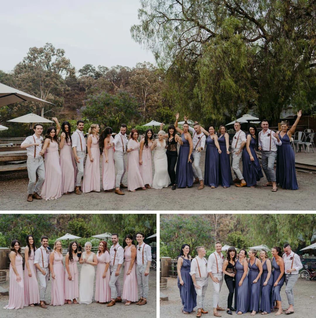 Three photographs of the wedding party lined up outdoors with their bouquets