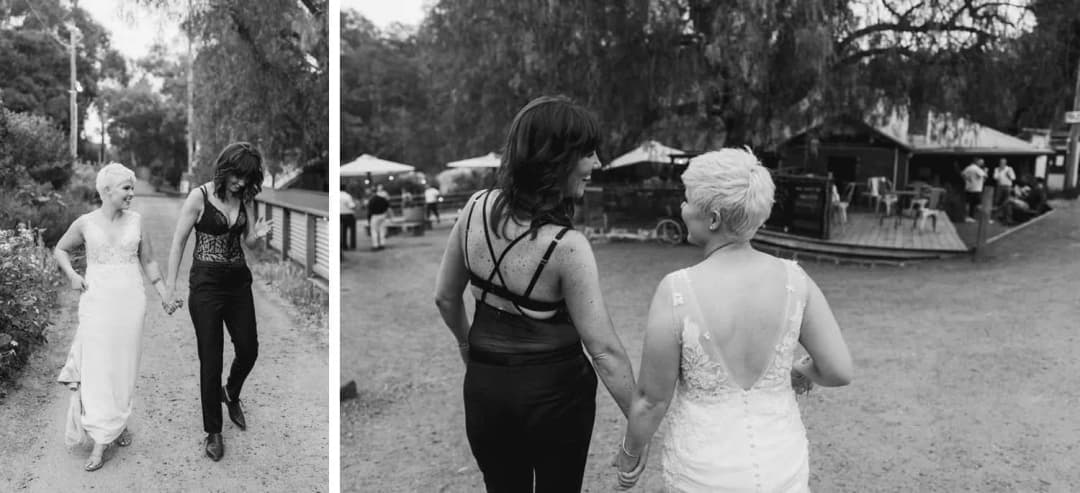Two black-and-white photographs of the couple walking outdoors together