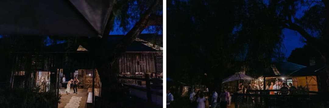 Two photographs of the reception venue and guests beneath a dark evening sky
