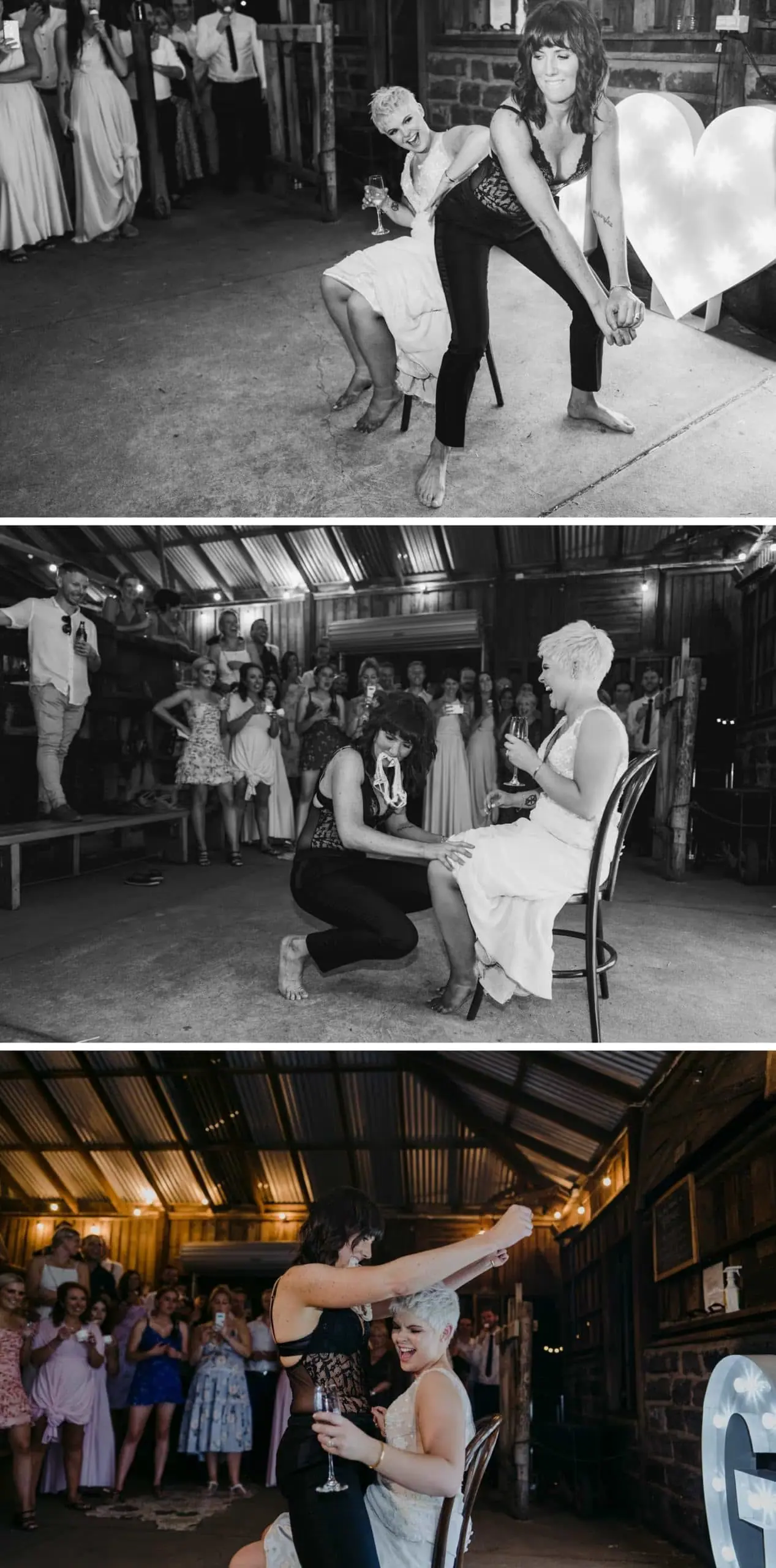 Three photographs of the couple twirling and dipping during their first dance