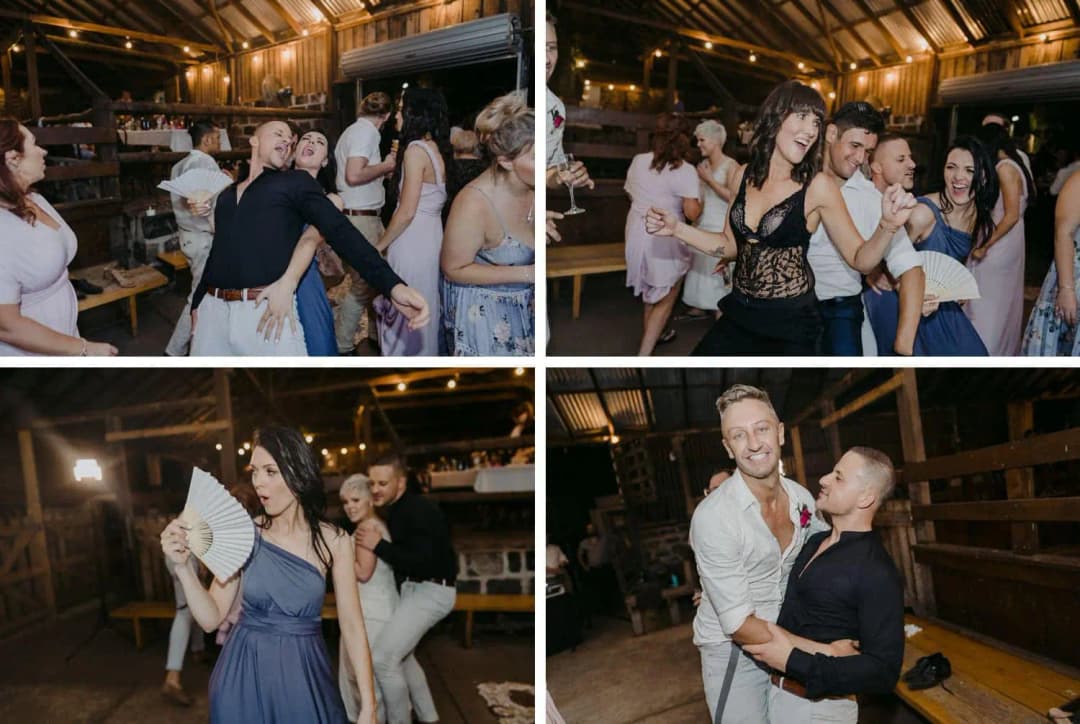 Four photographs of guests smiling and dancing at the reception