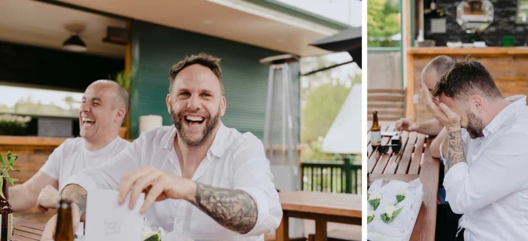 Two photographs of men laughing together around an outdoor table